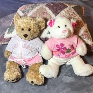 BUILD A BEAR set of two bears with outfits Red Sox beach pink